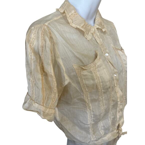 Vtg Sheer Cream "ShirtWaist" Blouse Lace Trim, Ties At Waist, Women SP - Picture 1 of 11